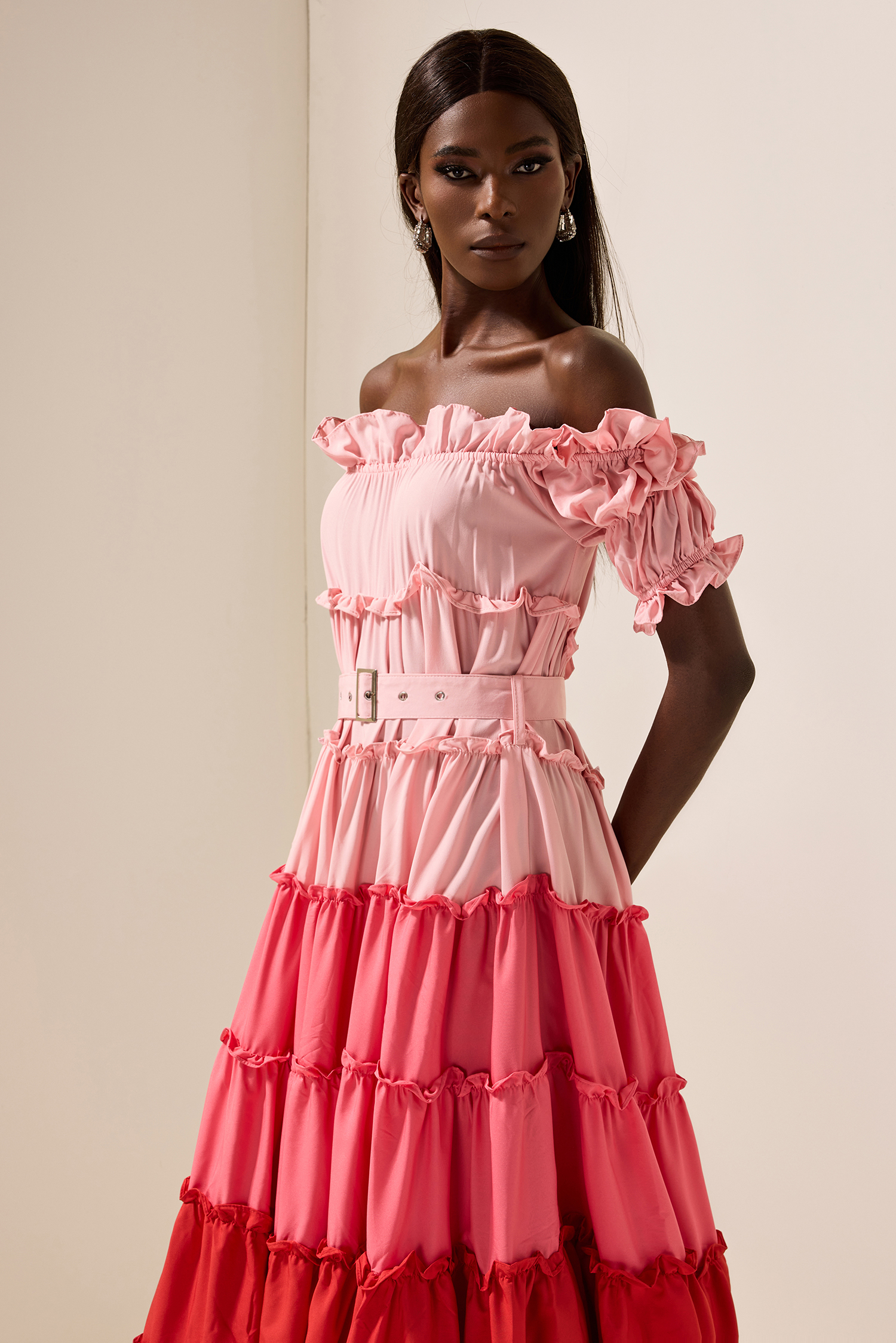 Contrast Color Off-Shoulder Frill Midi Dress