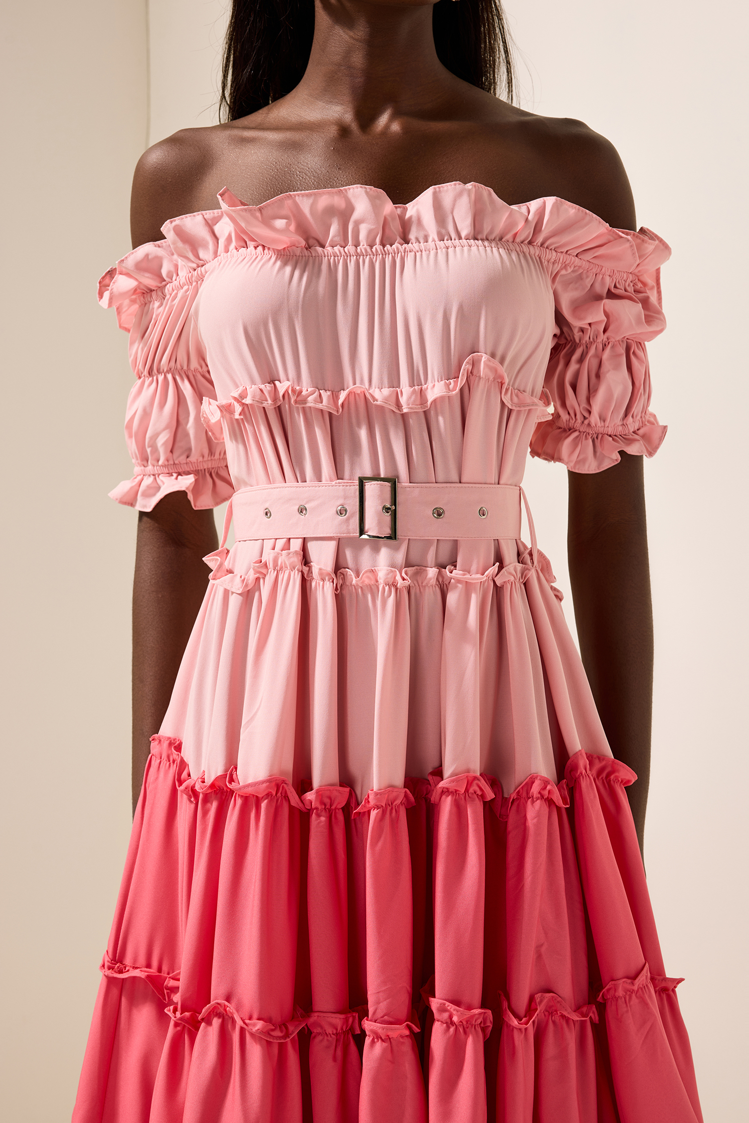 Contrast Color Off-Shoulder Frill Midi Dress