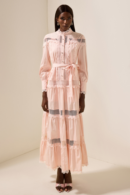 Solid Lace Bottom Midi Dress With Belt