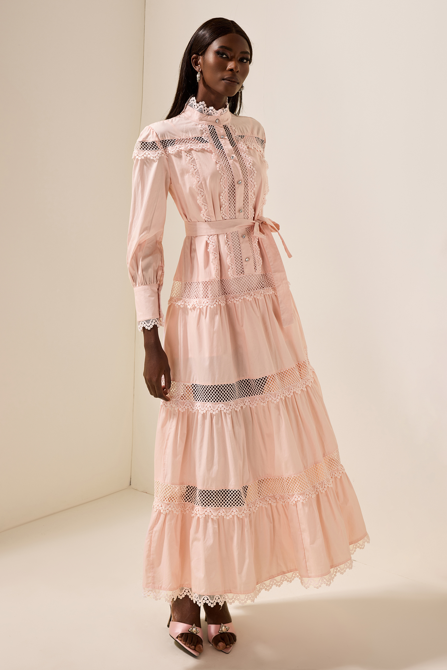 Solid Lace Bottom Midi Dress With Belt