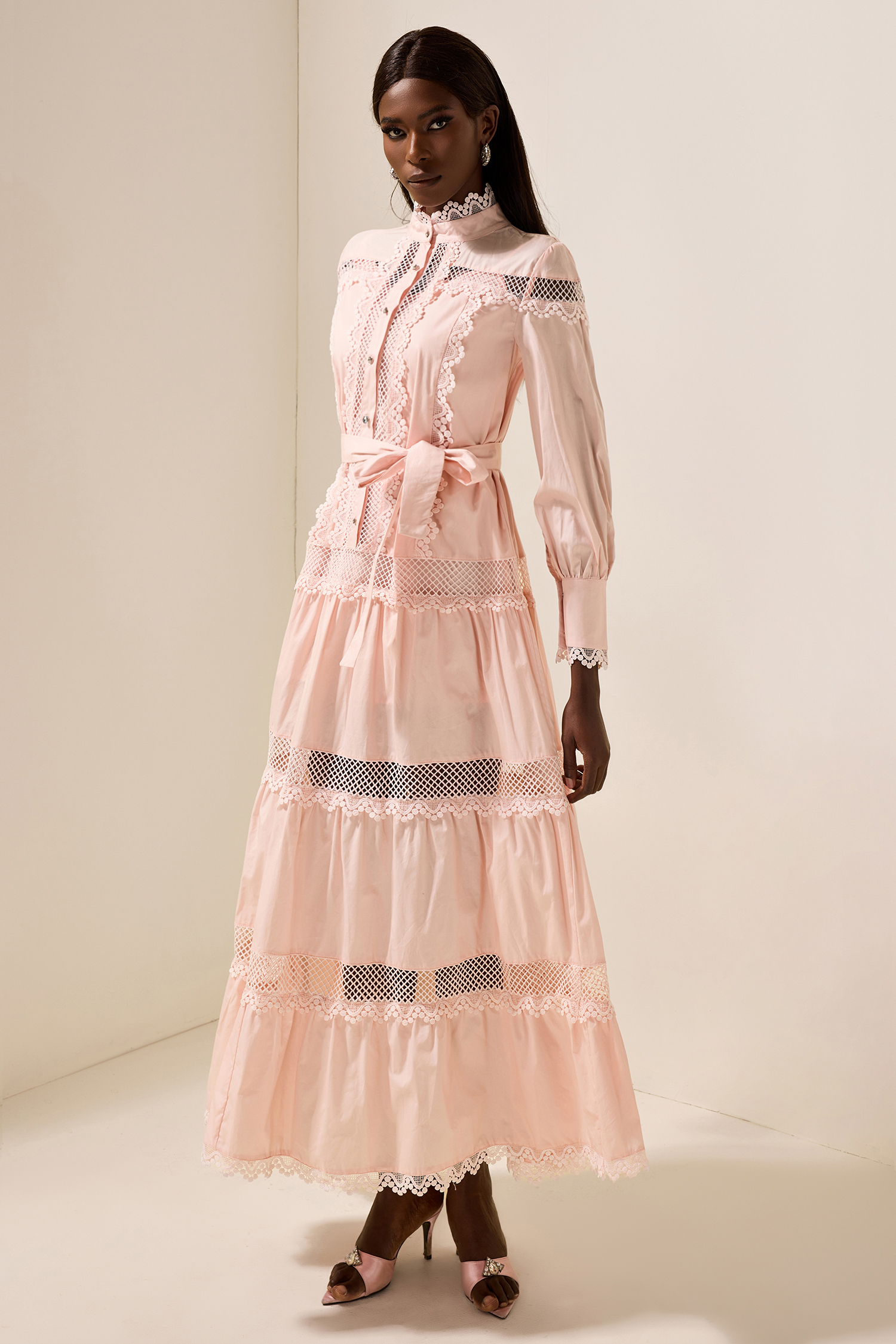 Solid Lace Bottom Midi Dress With Belt