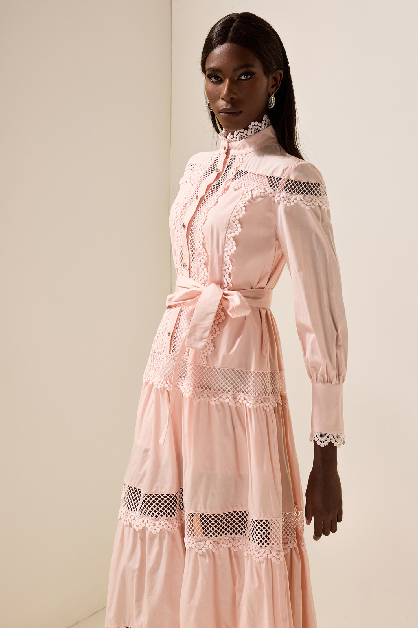 Solid Lace Bottom Midi Dress With Belt