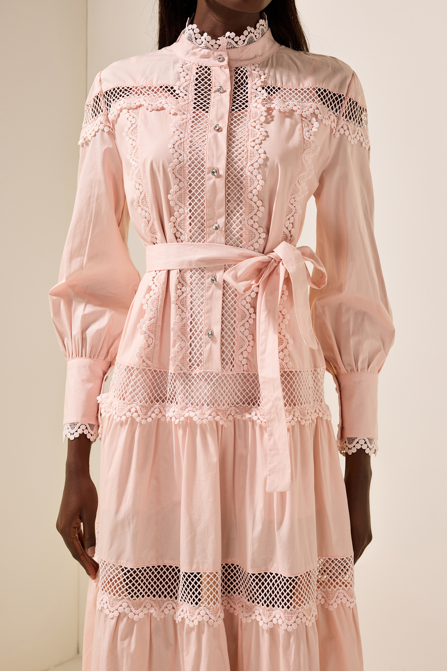 Solid Lace Bottom Midi Dress With Belt