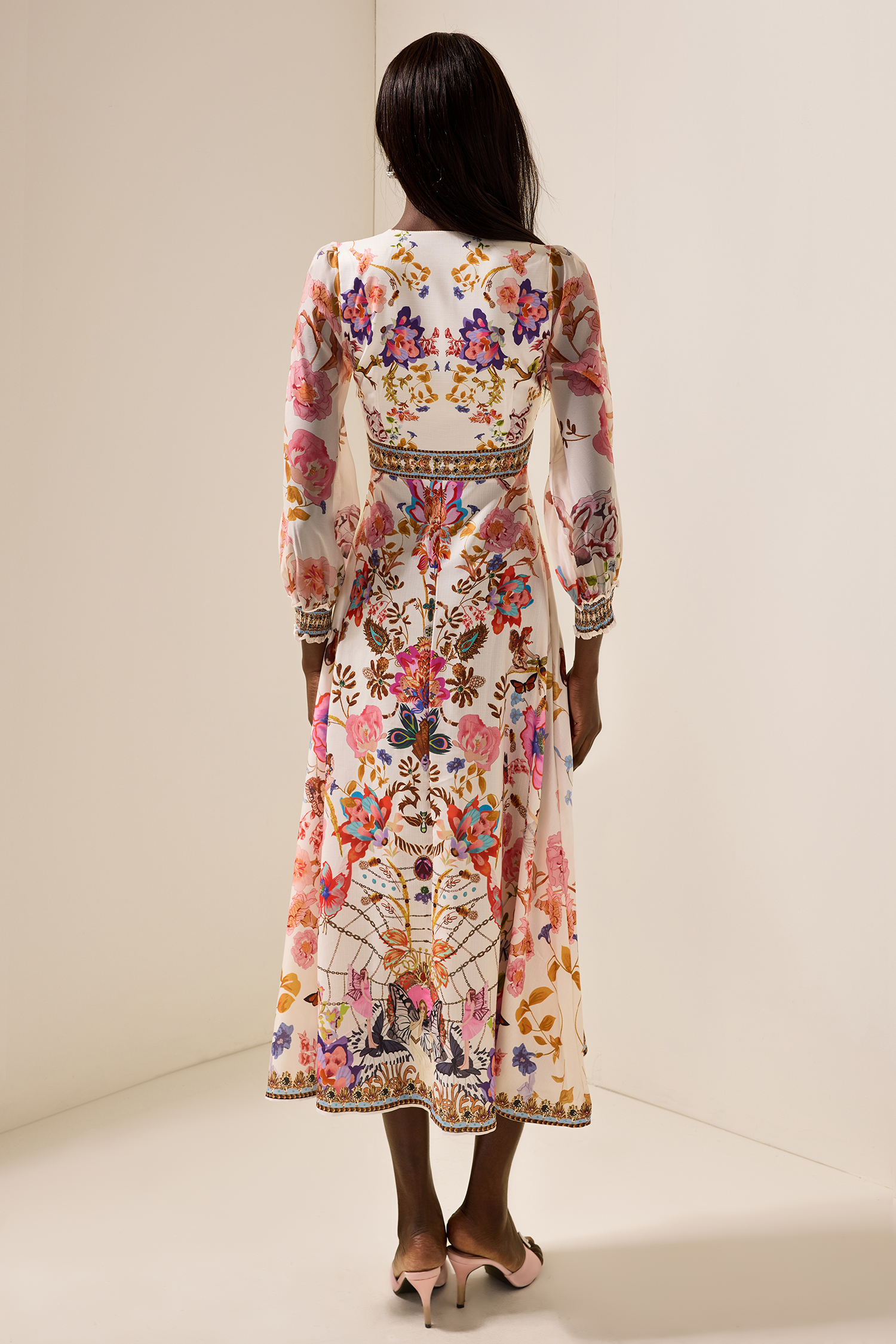 Floral Lantern Sleeve V-Neck Midi Dress