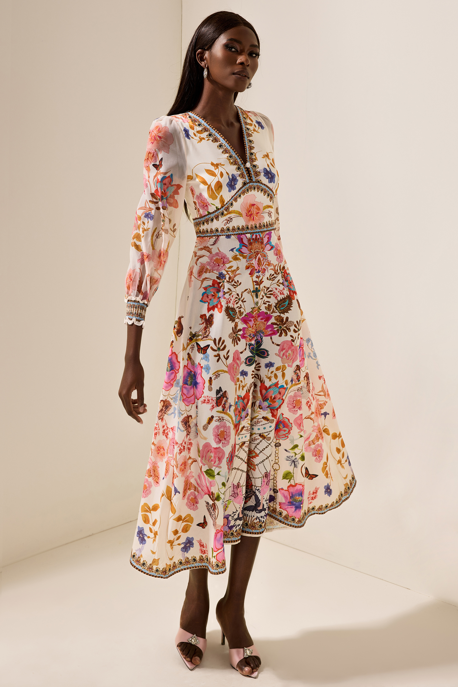 Floral Lantern Sleeve V-Neck Midi Dress