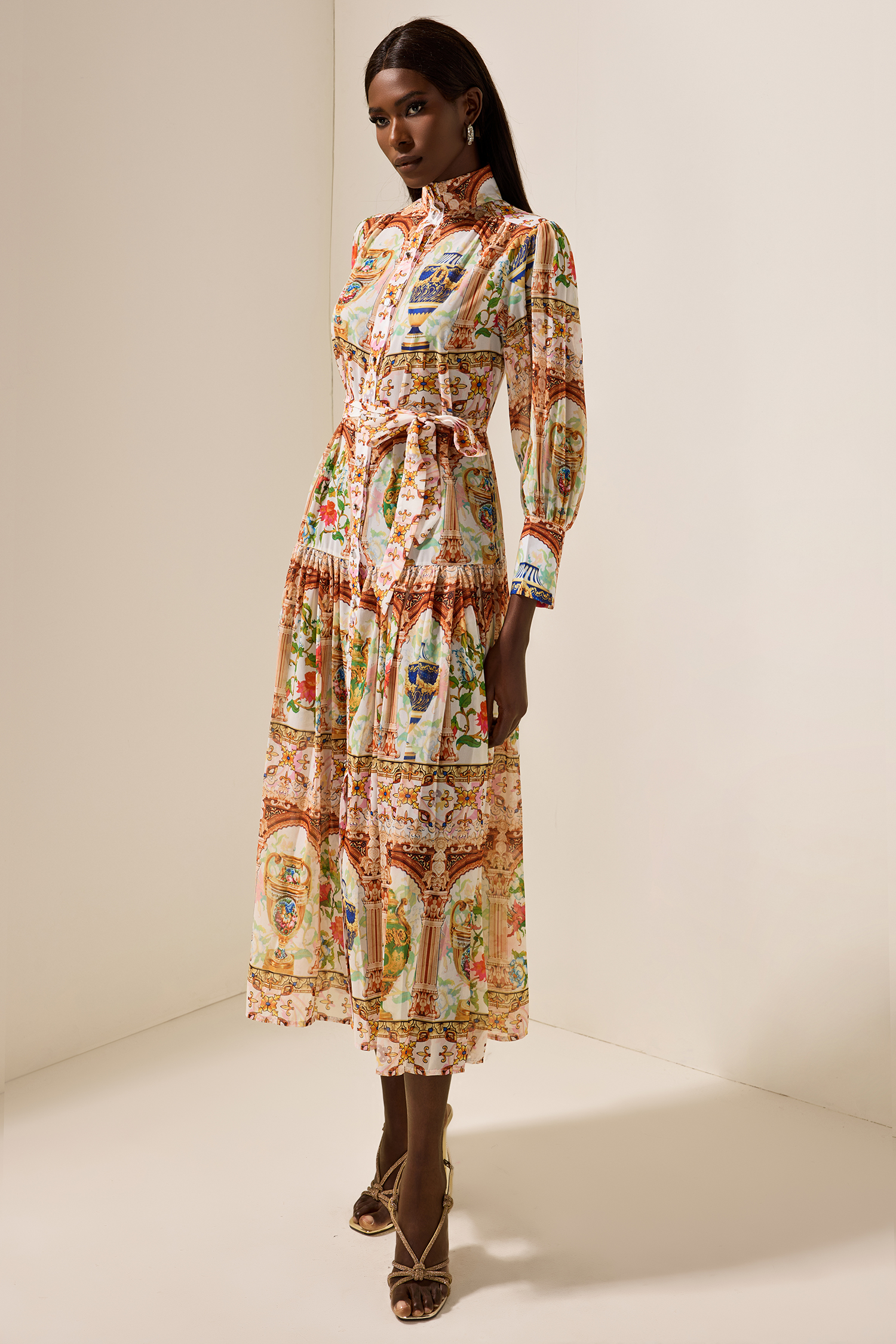 Palace Print Stand Collar Midi Dress With Belt