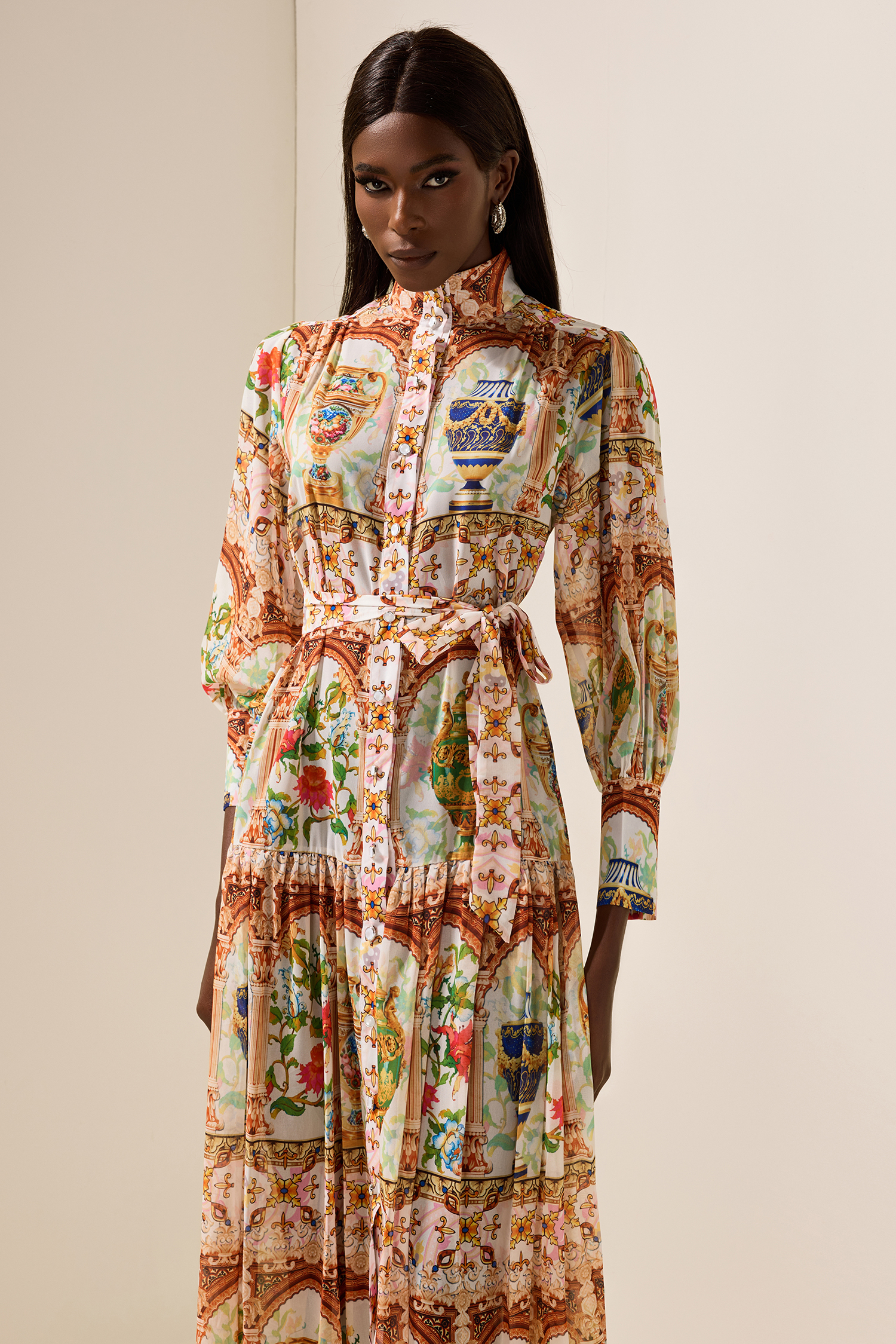 Palace Print Stand Collar Midi Dress With Belt