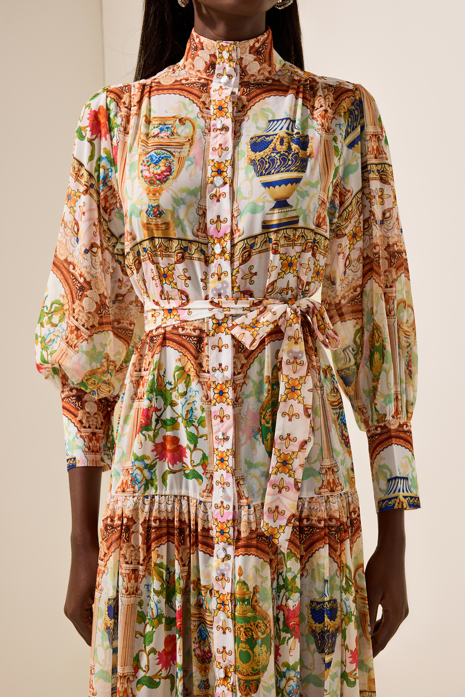 Palace Print Stand Collar Midi Dress With Belt