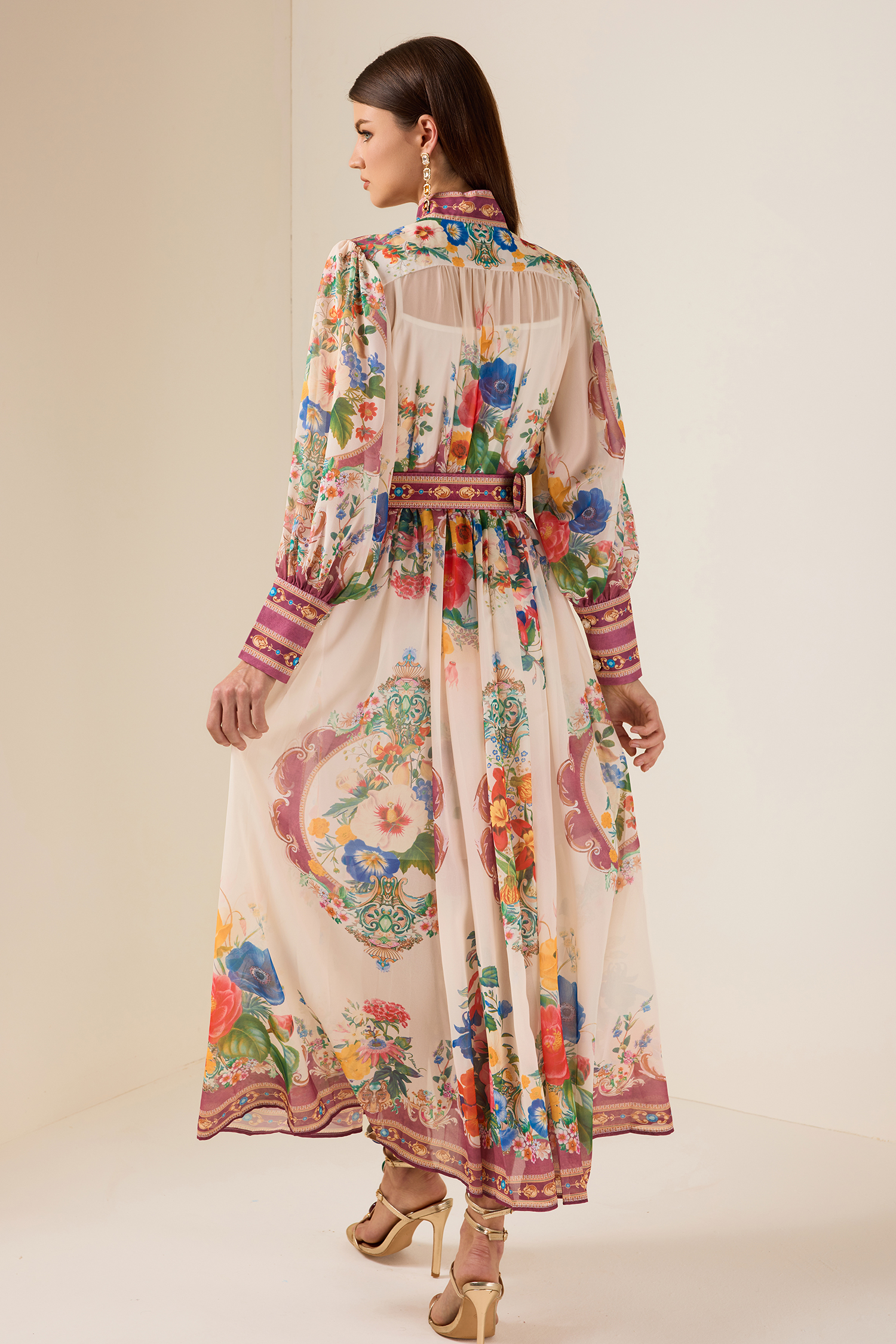 Chiffon Stand Collar Lantern Sleeve Midi Dress