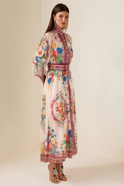 Chiffon Stand Collar Lantern Sleeve Midi Dress