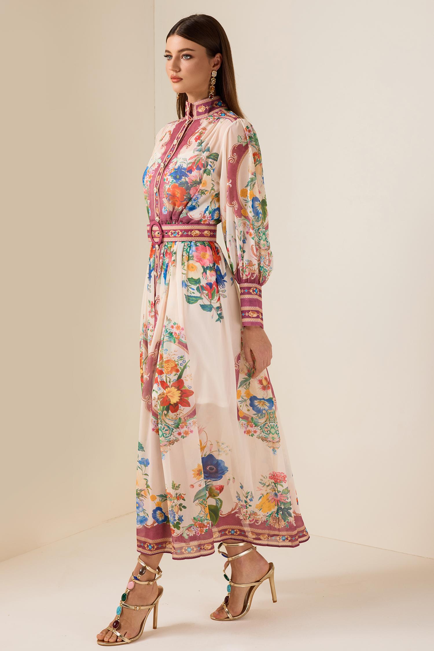 Chiffon Stand Collar Lantern Sleeve Midi Dress