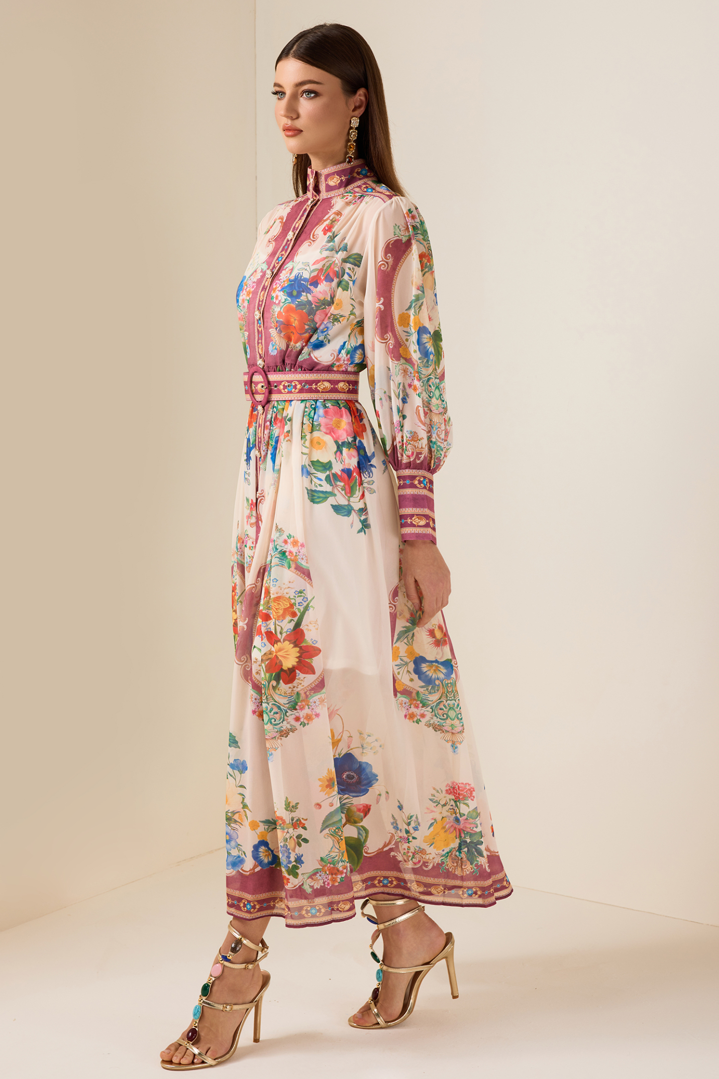 Chiffon Stand Collar Lantern Sleeve Midi Dress