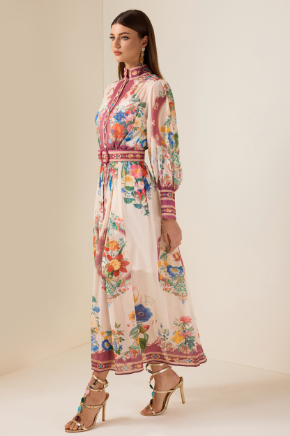 Chiffon Stand Collar Lantern Sleeve Midi Dress