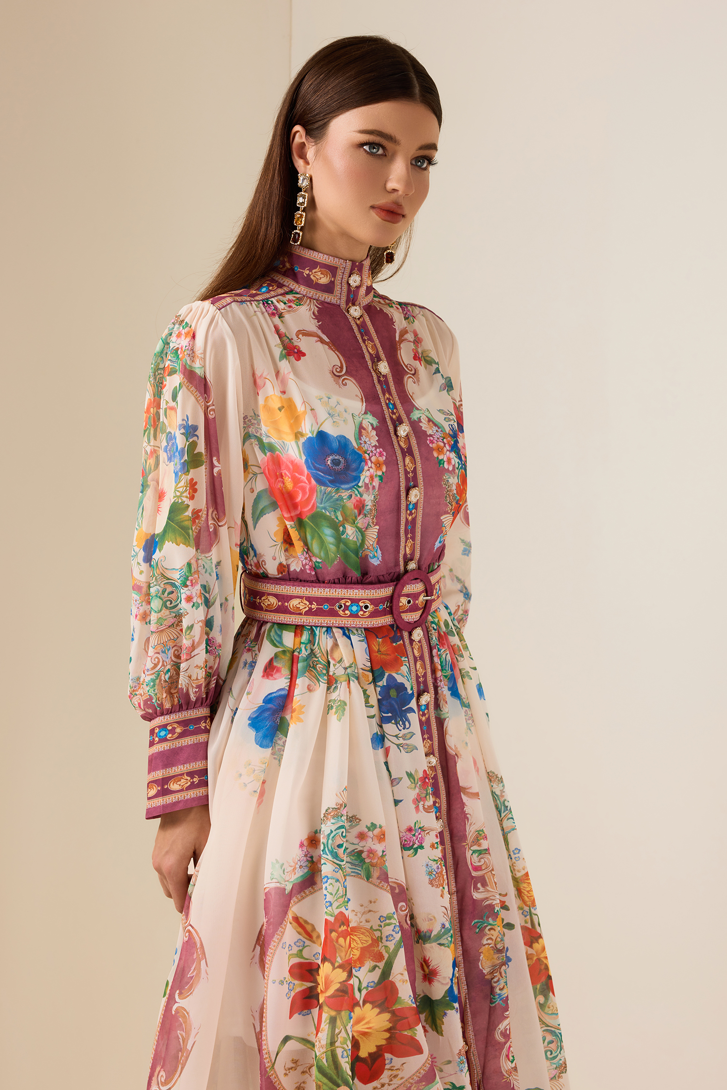 Chiffon Stand Collar Lantern Sleeve Midi Dress