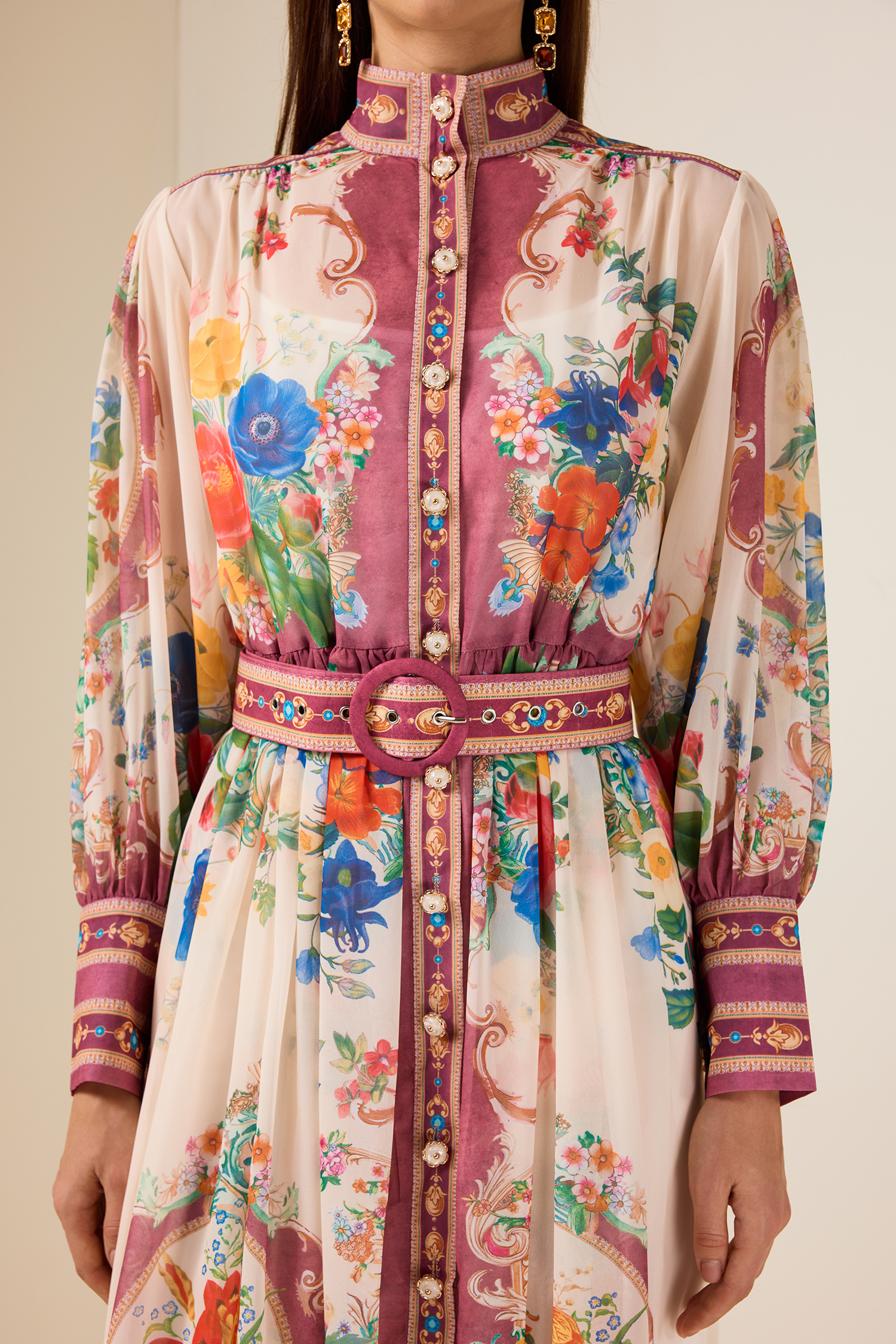 Chiffon Stand Collar Lantern Sleeve Midi Dress