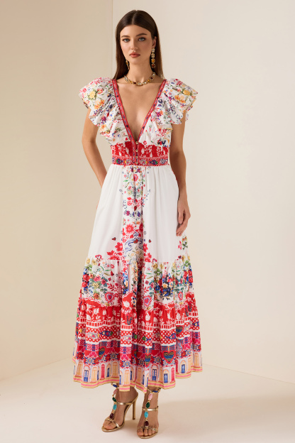 Floral Ruffle V-Neck Midi Dress