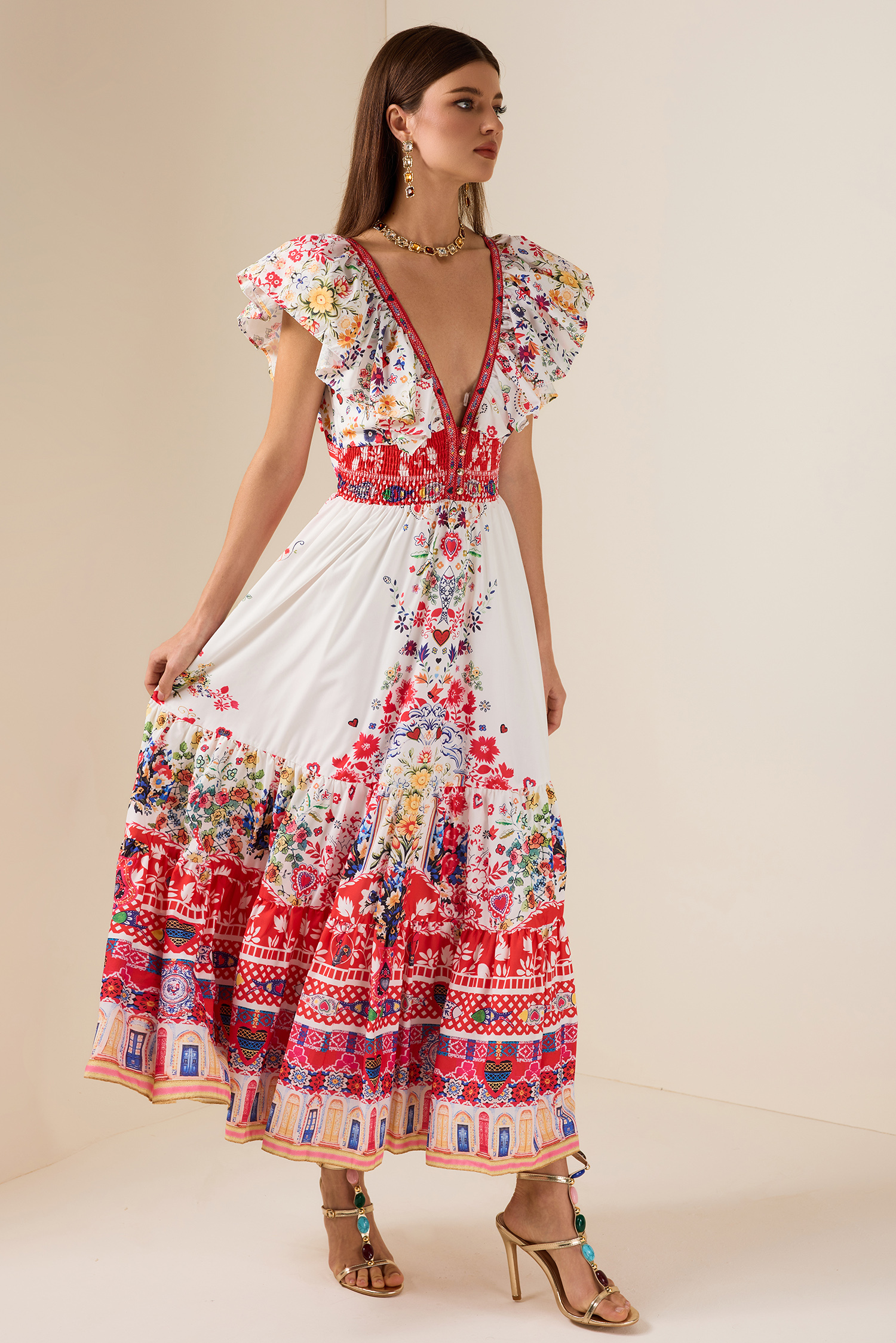 Floral Ruffle V-Neck Midi Dress