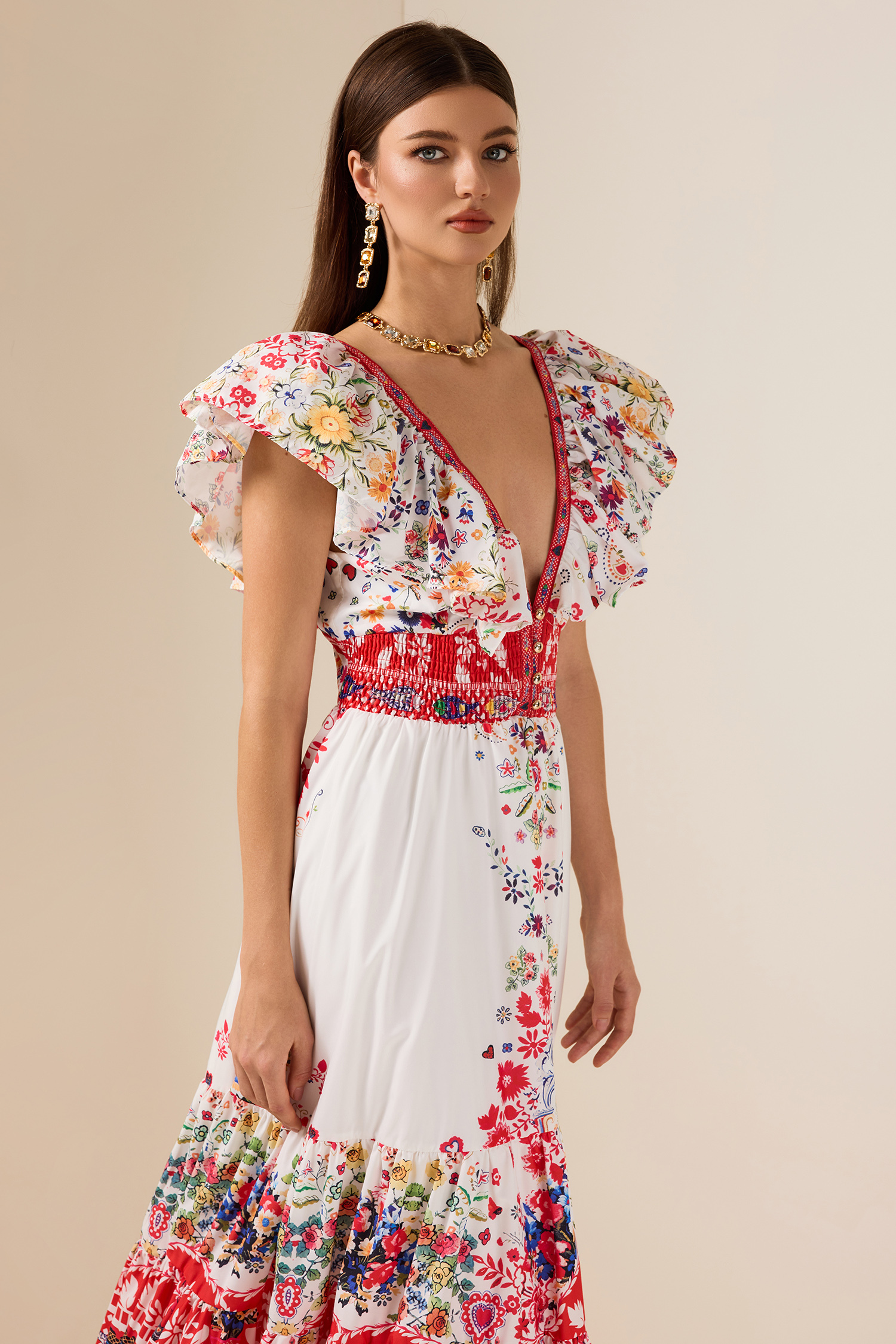 Floral Ruffle V-Neck Midi Dress