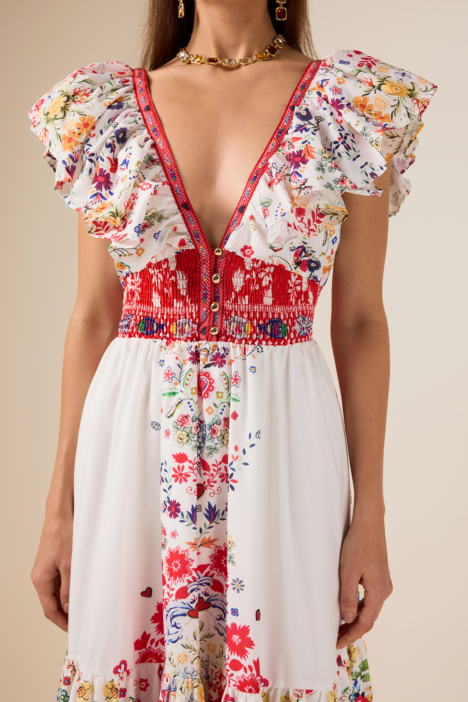 Floral Ruffle V-Neck Midi Dress