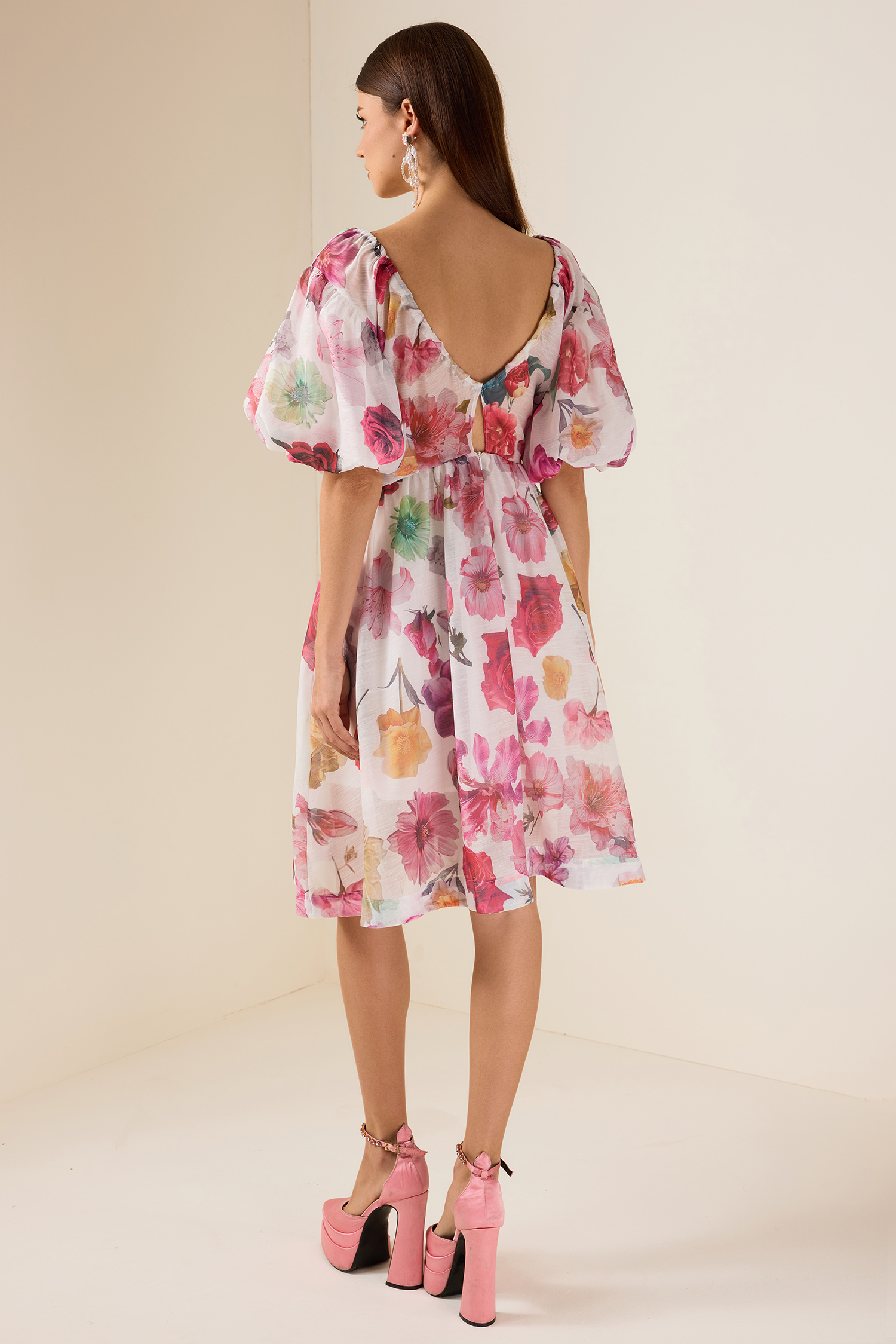 Floral V-Neck Puff Sleeve Mini Dress