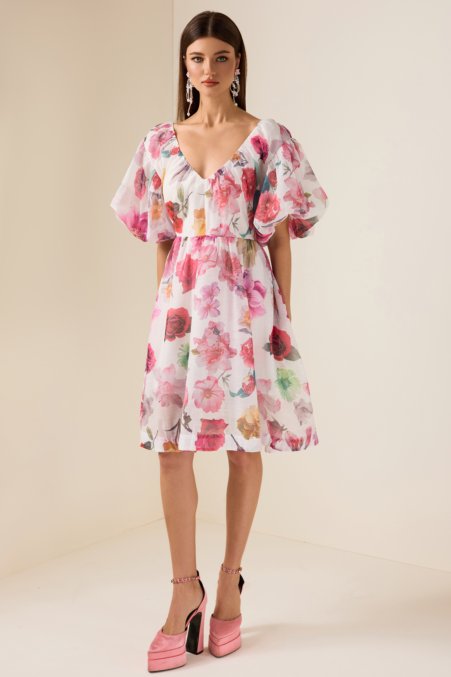 Floral V-Neck Puff Sleeve Mini Dress