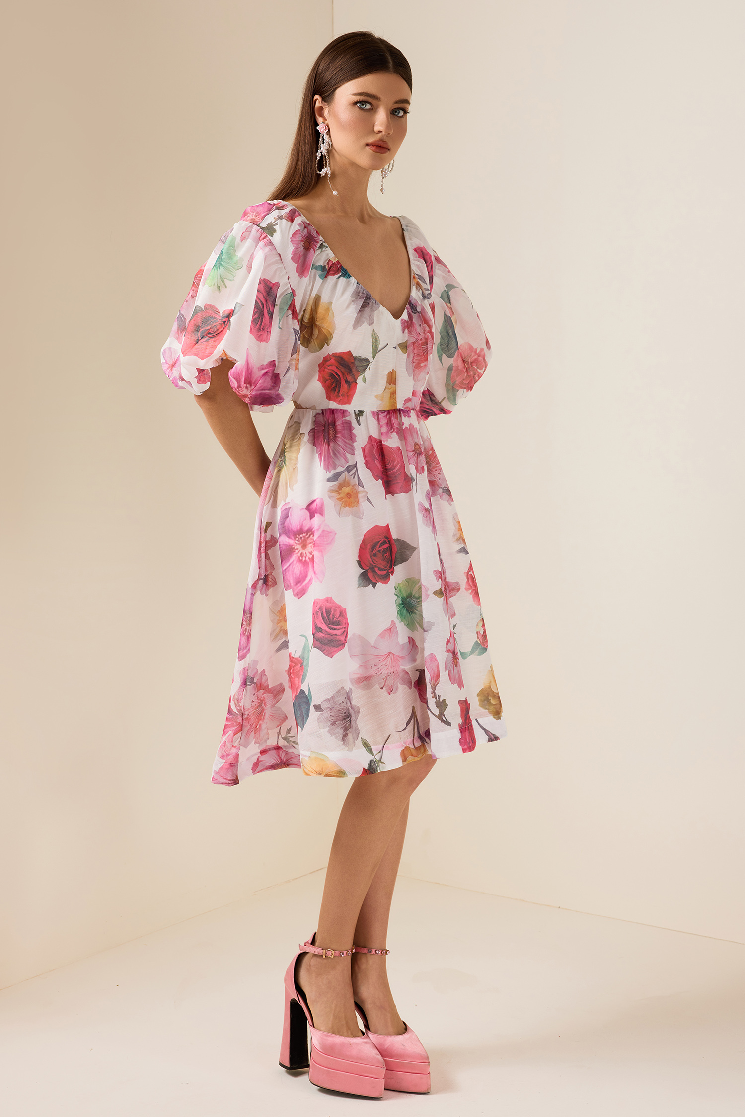 Floral V-Neck Puff Sleeve Mini Dress