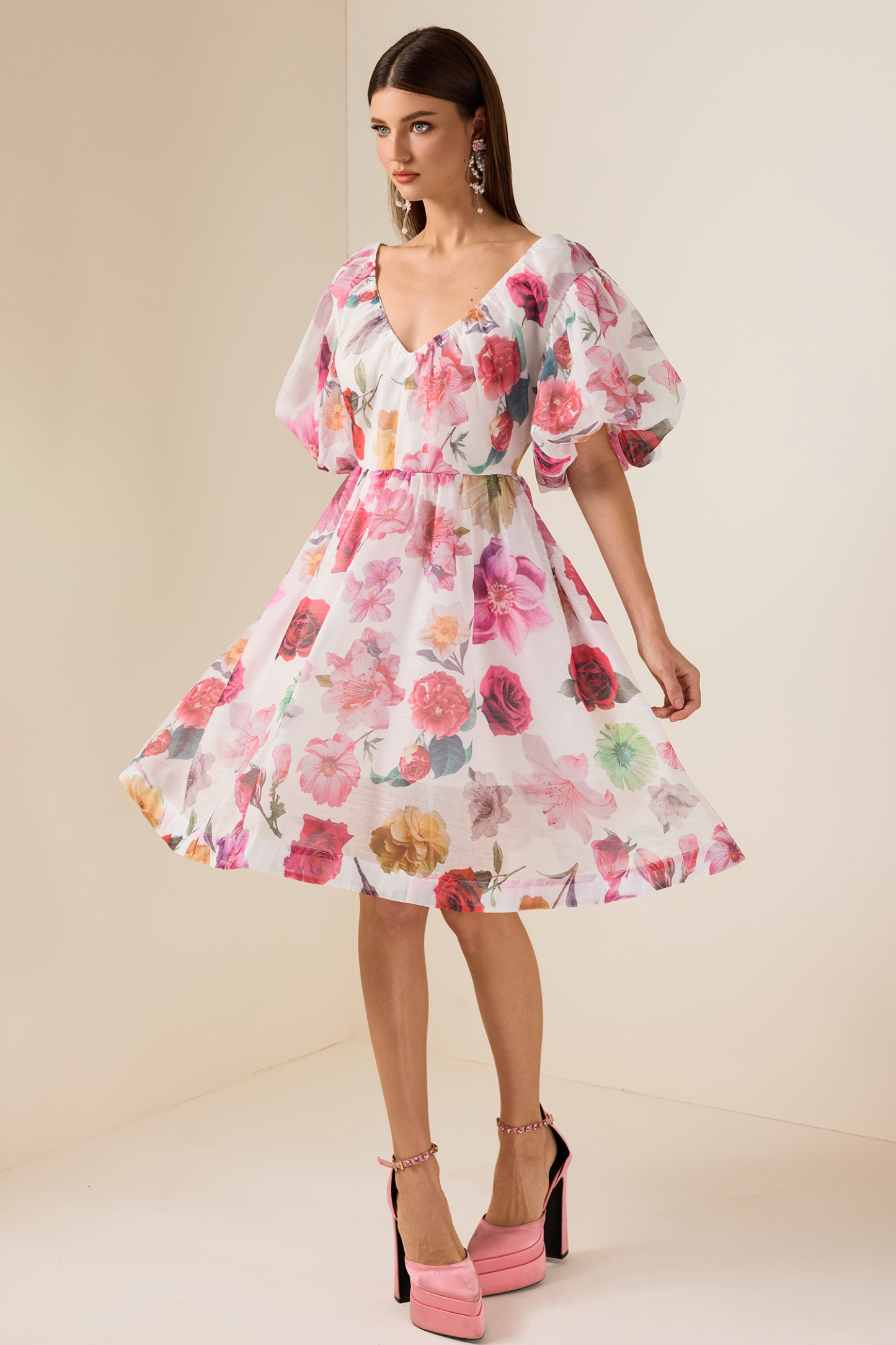 Floral V-Neck Puff Sleeve Mini Dress