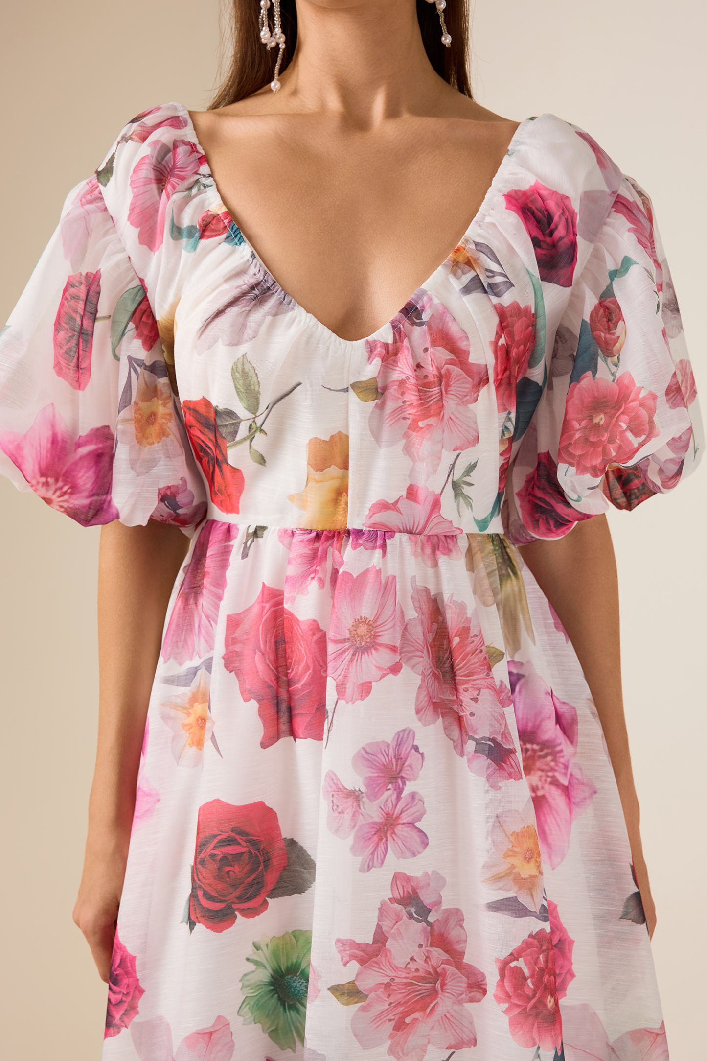Floral V-Neck Puff Sleeve Mini Dress