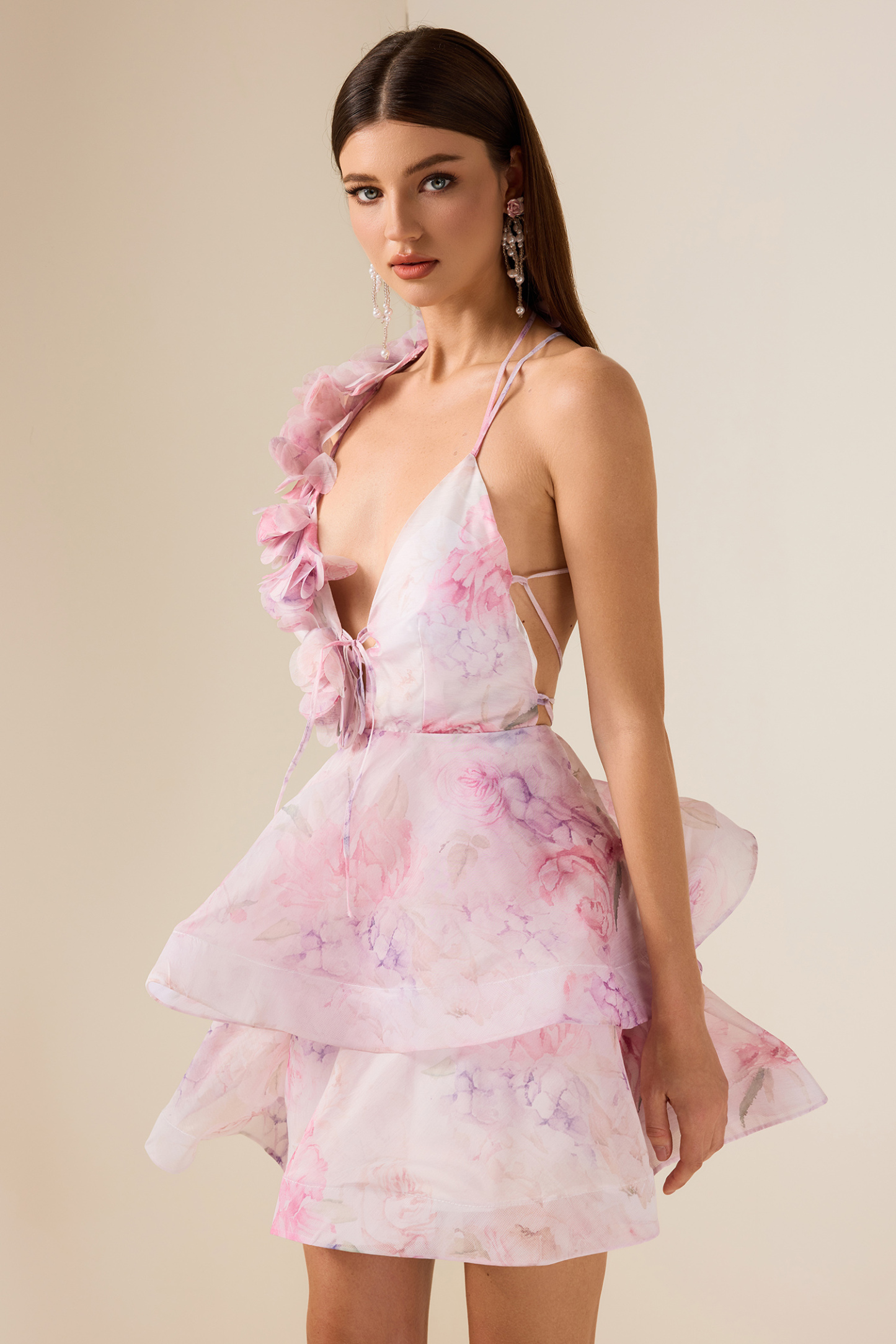 3D Flower Chiffon Ruffle Mini Dress