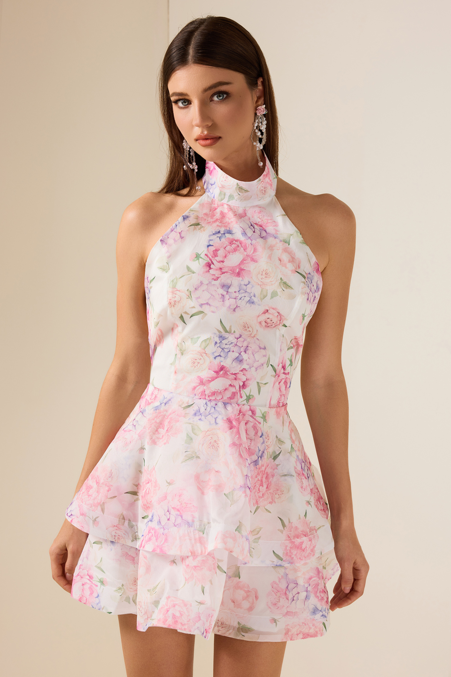 Solid Ruffle Halter Neck Mini Dress