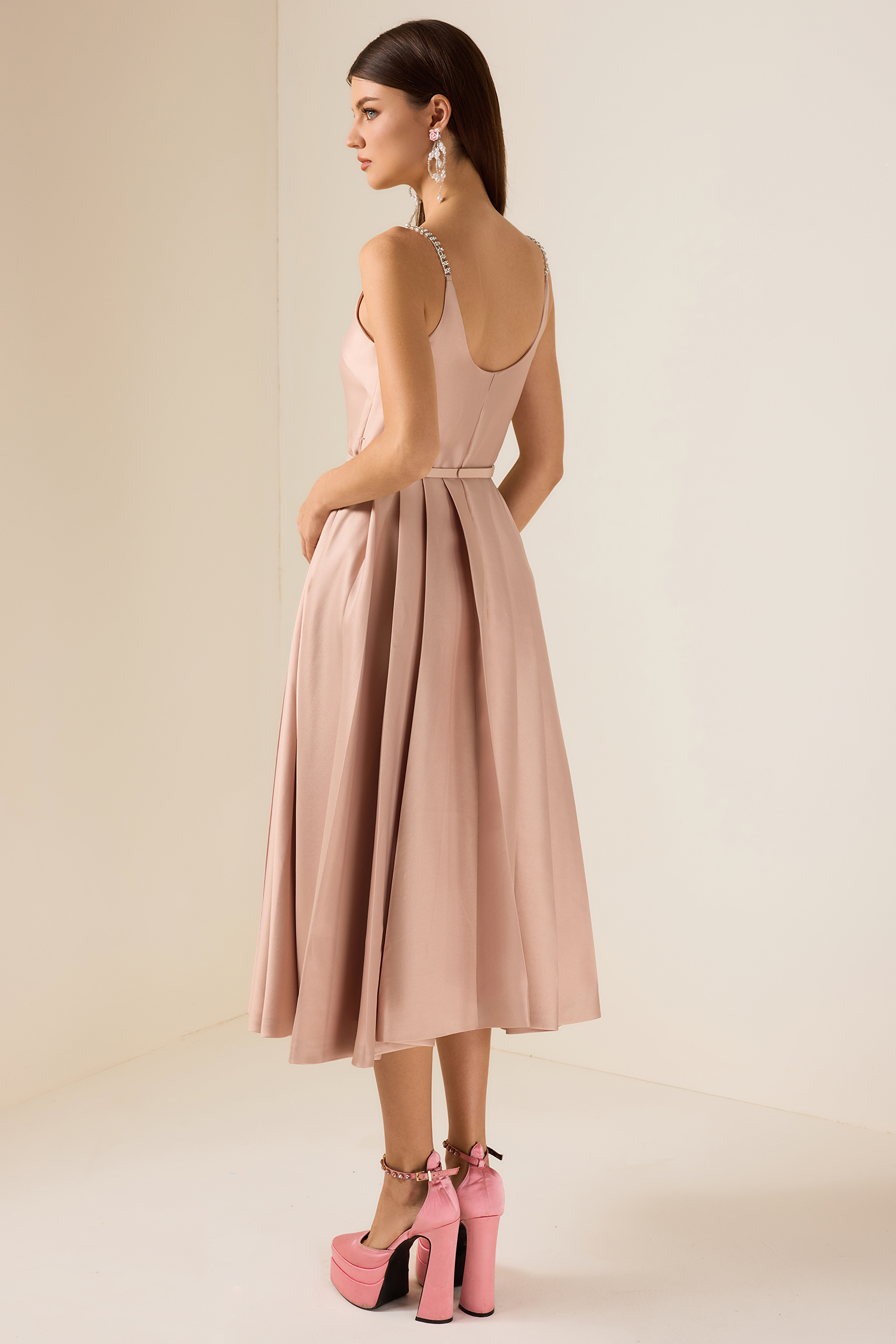 Solid Rhinestone Sleeveless Midi Dress With Belt