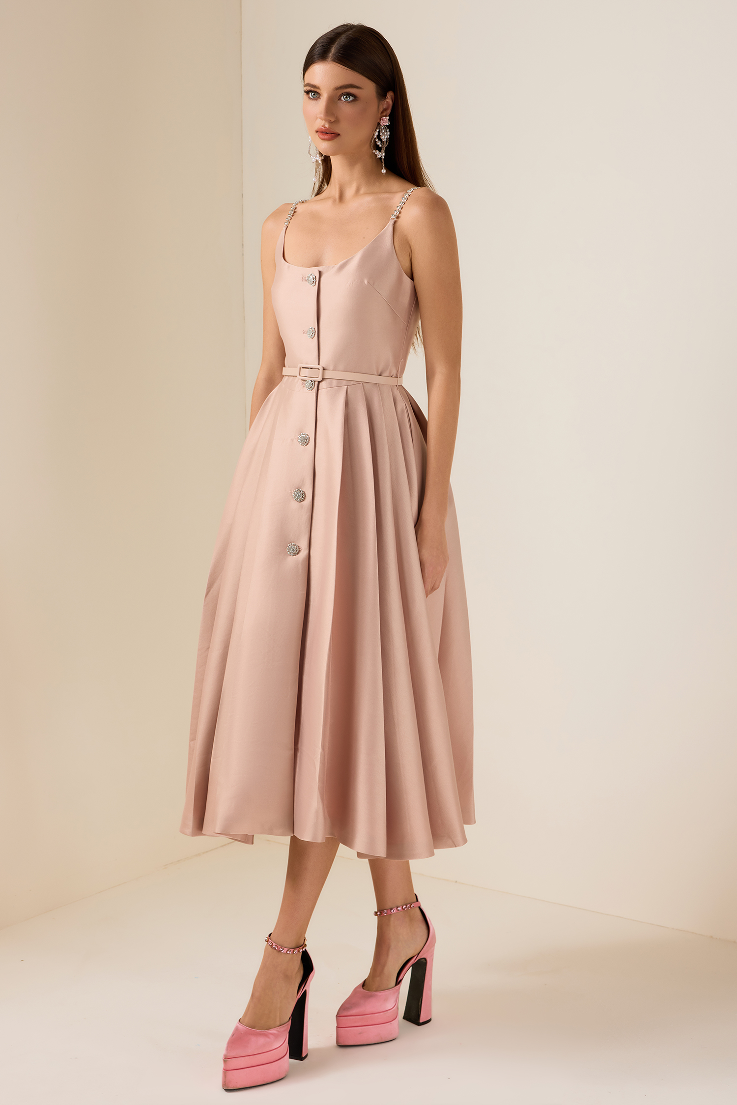 Solid Rhinestone Sleeveless Midi Dress With Belt