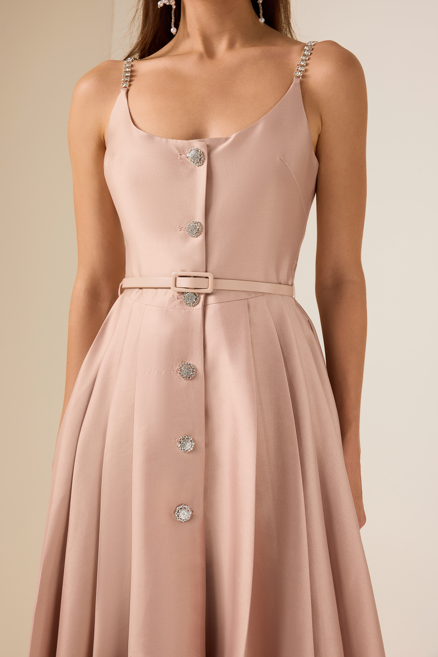 Solid Rhinestone Sleeveless Midi Dress With Belt