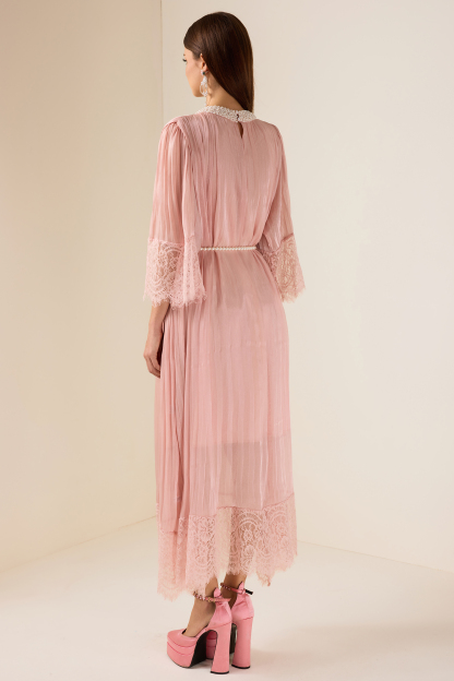 Lace Splicing Satin Faux Pearl Maxi Dress