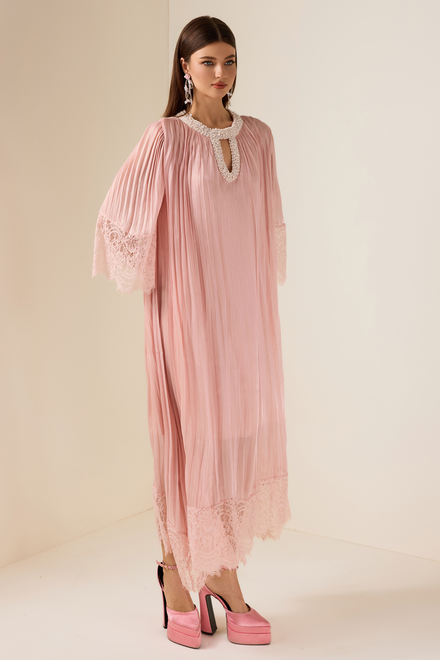 Lace Splicing Satin Faux Pearl Maxi Dress