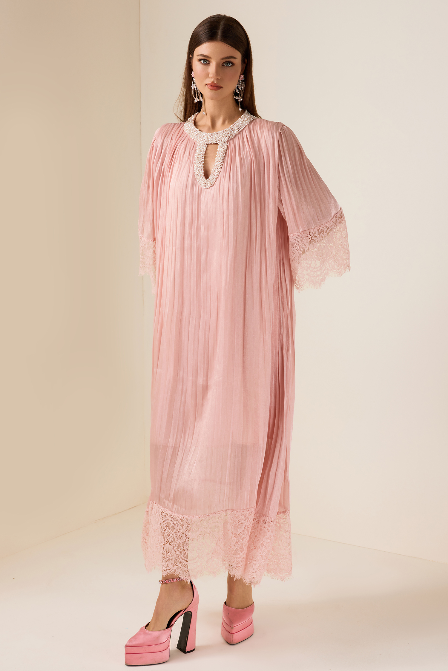 Lace Splicing Satin Faux Pearl Maxi Dress