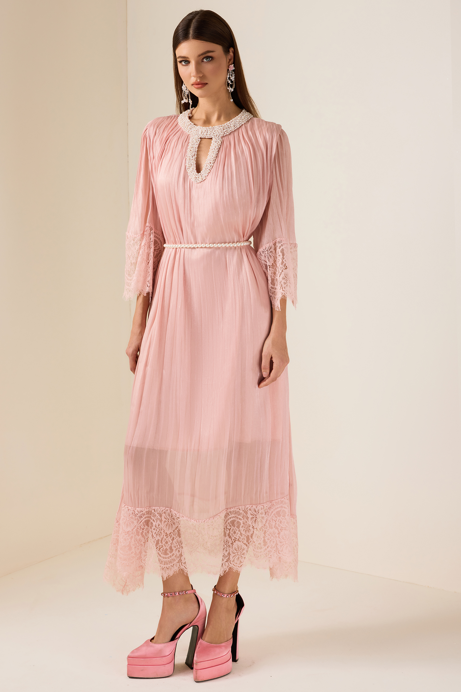 Lace Splicing Satin Faux Pearl Maxi Dress
