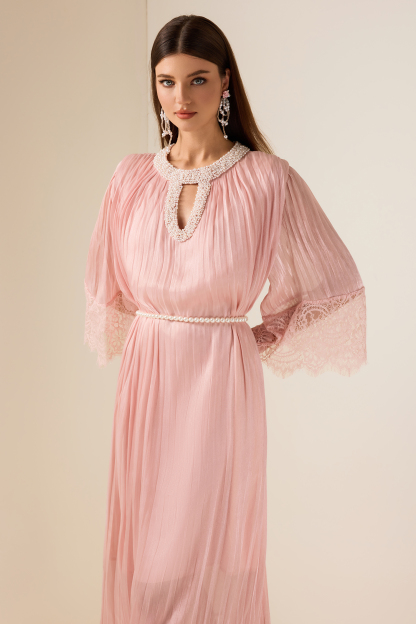 Lace Splicing Satin Faux Pearl Maxi Dress