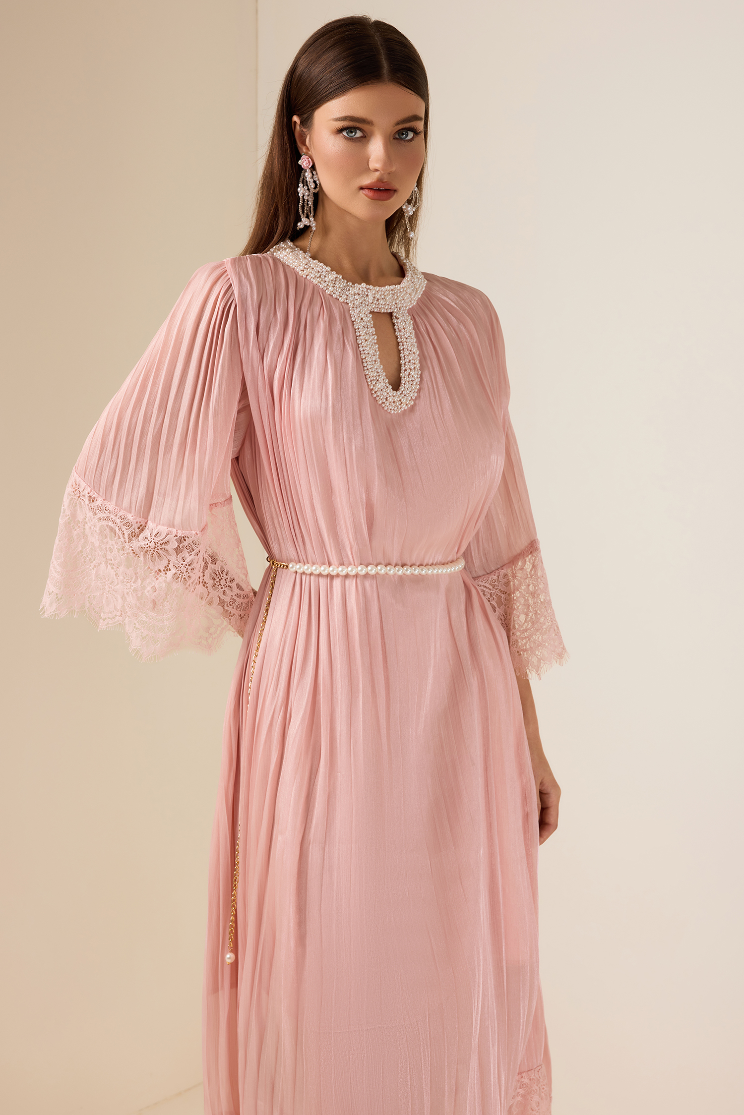 Lace Splicing Satin Faux Pearl Maxi Dress