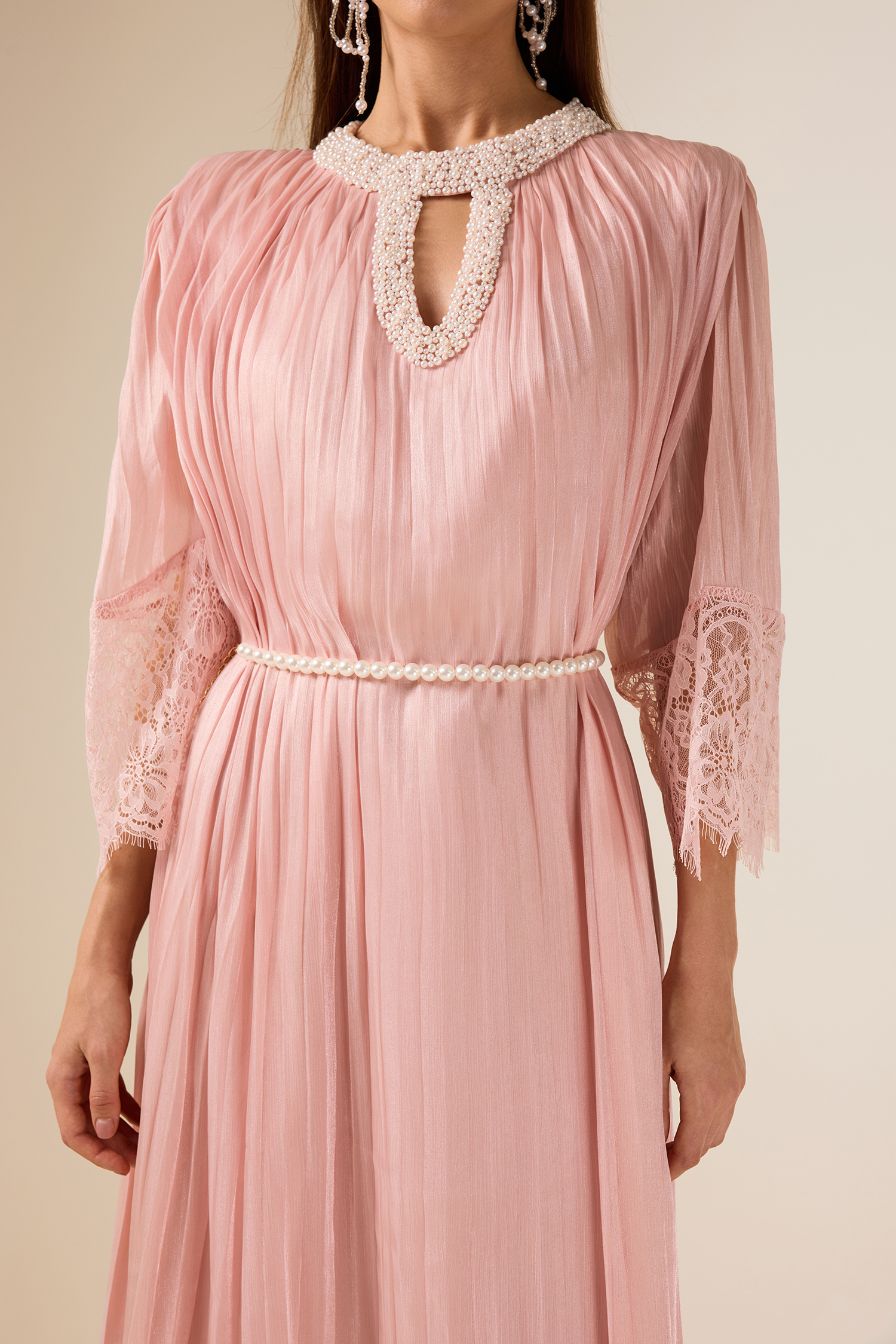 Lace Splicing Satin Faux Pearl Maxi Dress