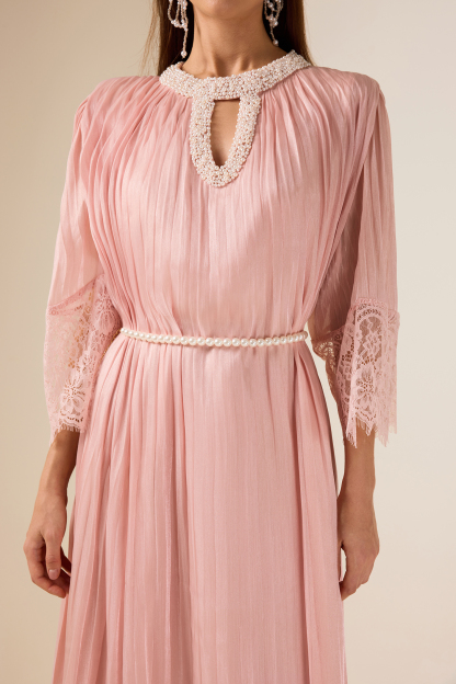 Lace Splicing Satin Faux Pearl Maxi Dress