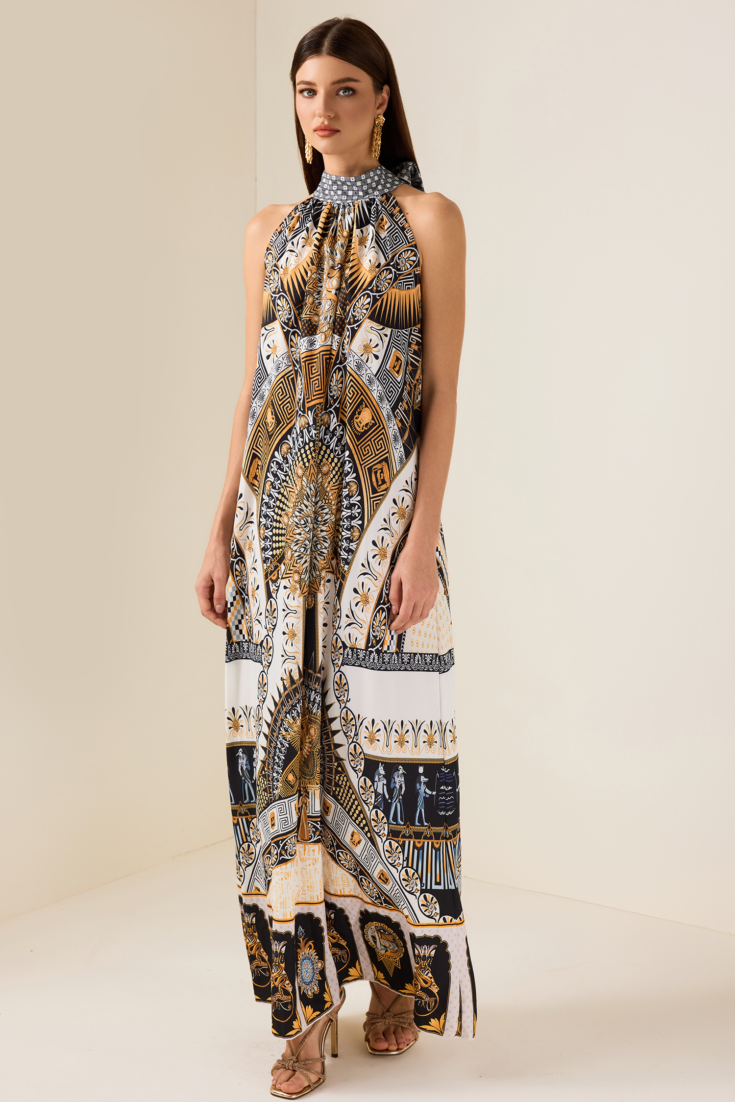 Paisley Print Lace-Up Sleeveless Midi Dress