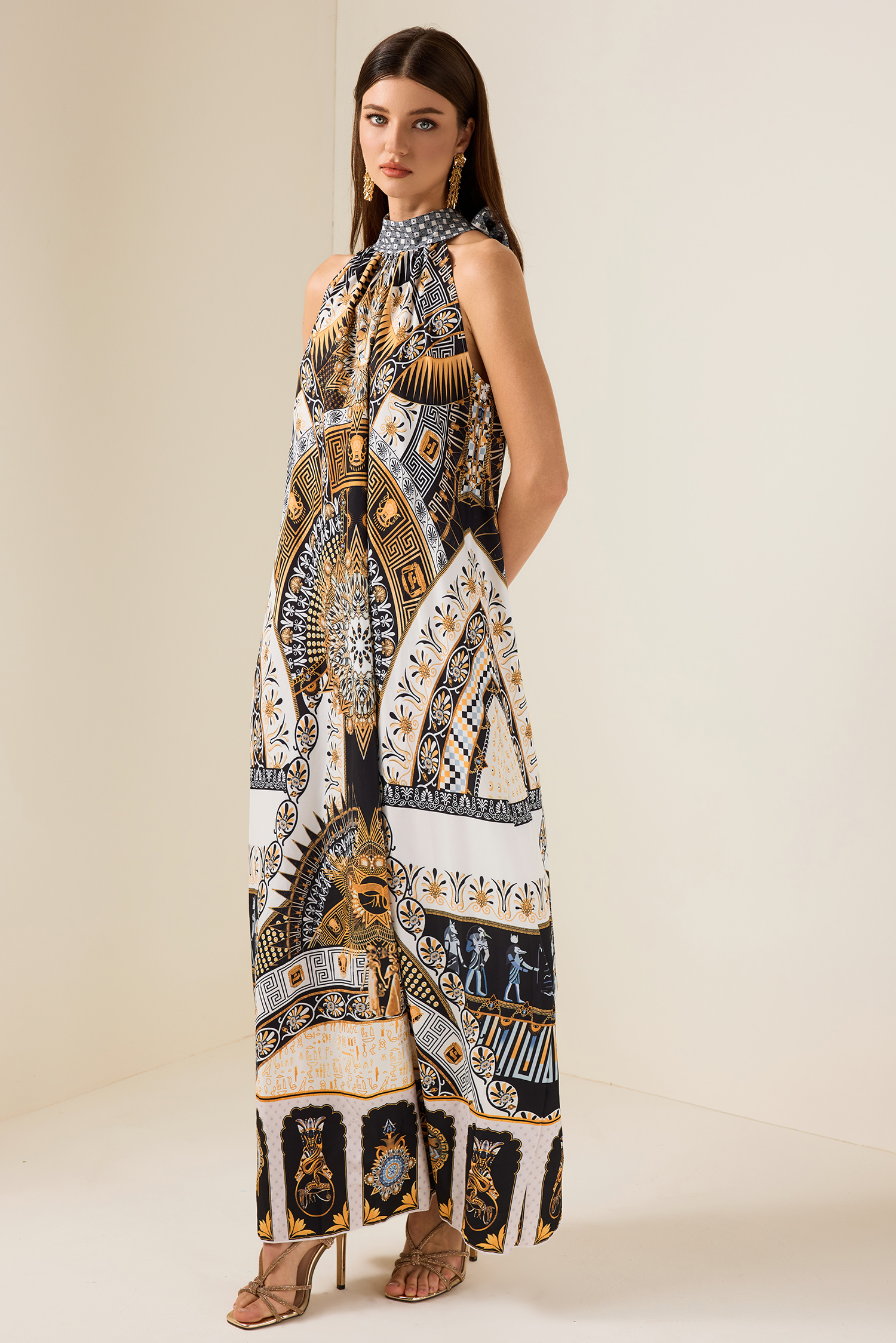 Paisley Print Lace-Up Sleeveless Midi Dress