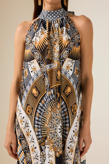 Paisley Print Lace-Up Sleeveless Midi Dress