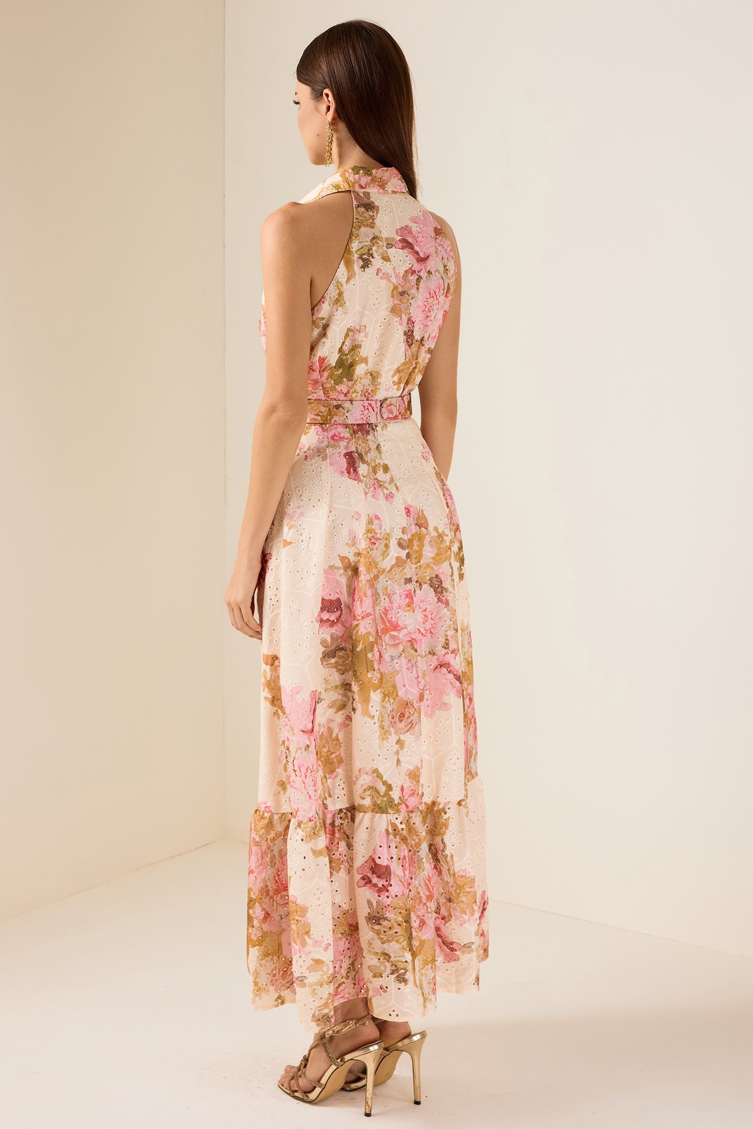Embroidered Floral Maxi Dress With Belt
