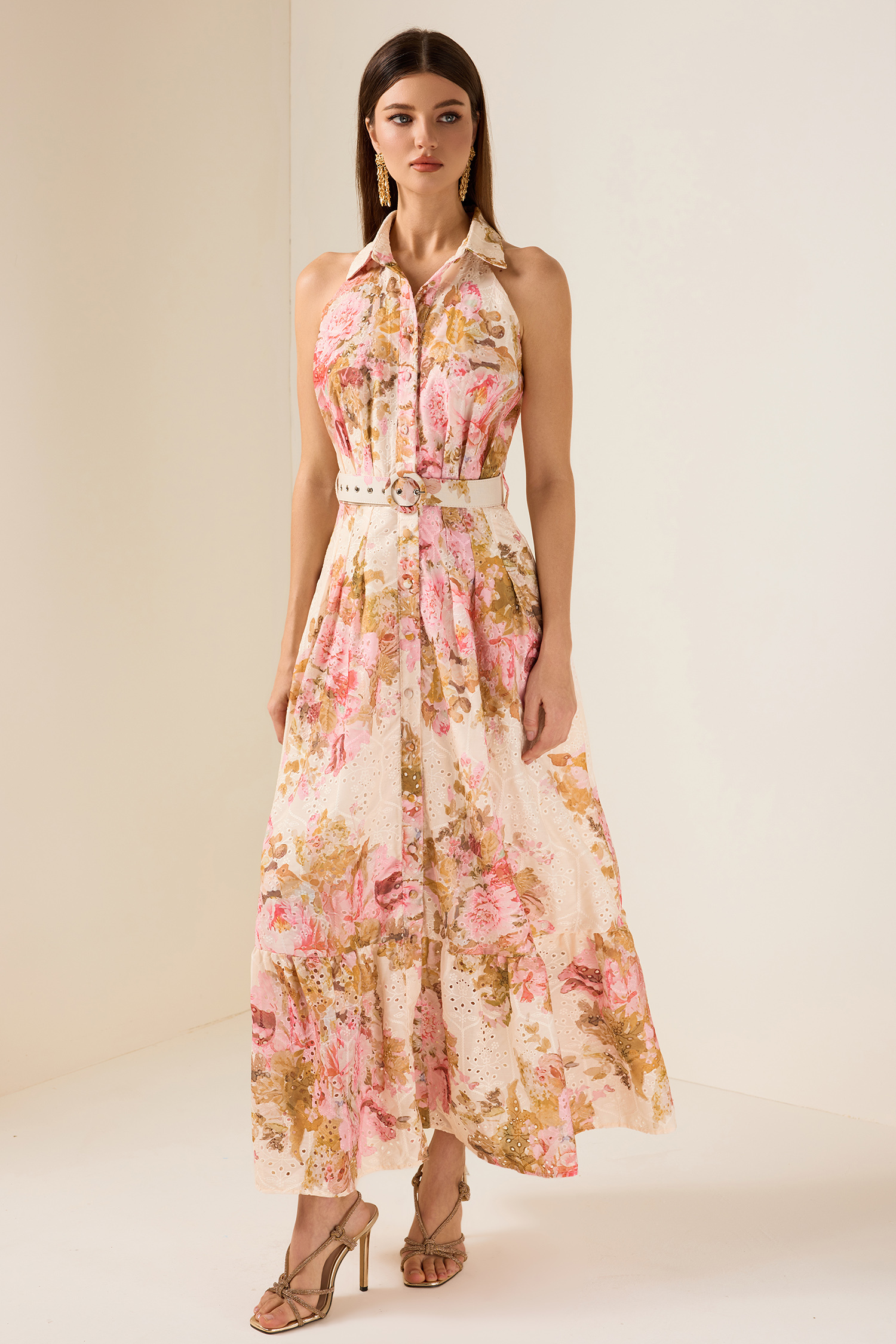 Embroidered Floral Maxi Dress With Belt