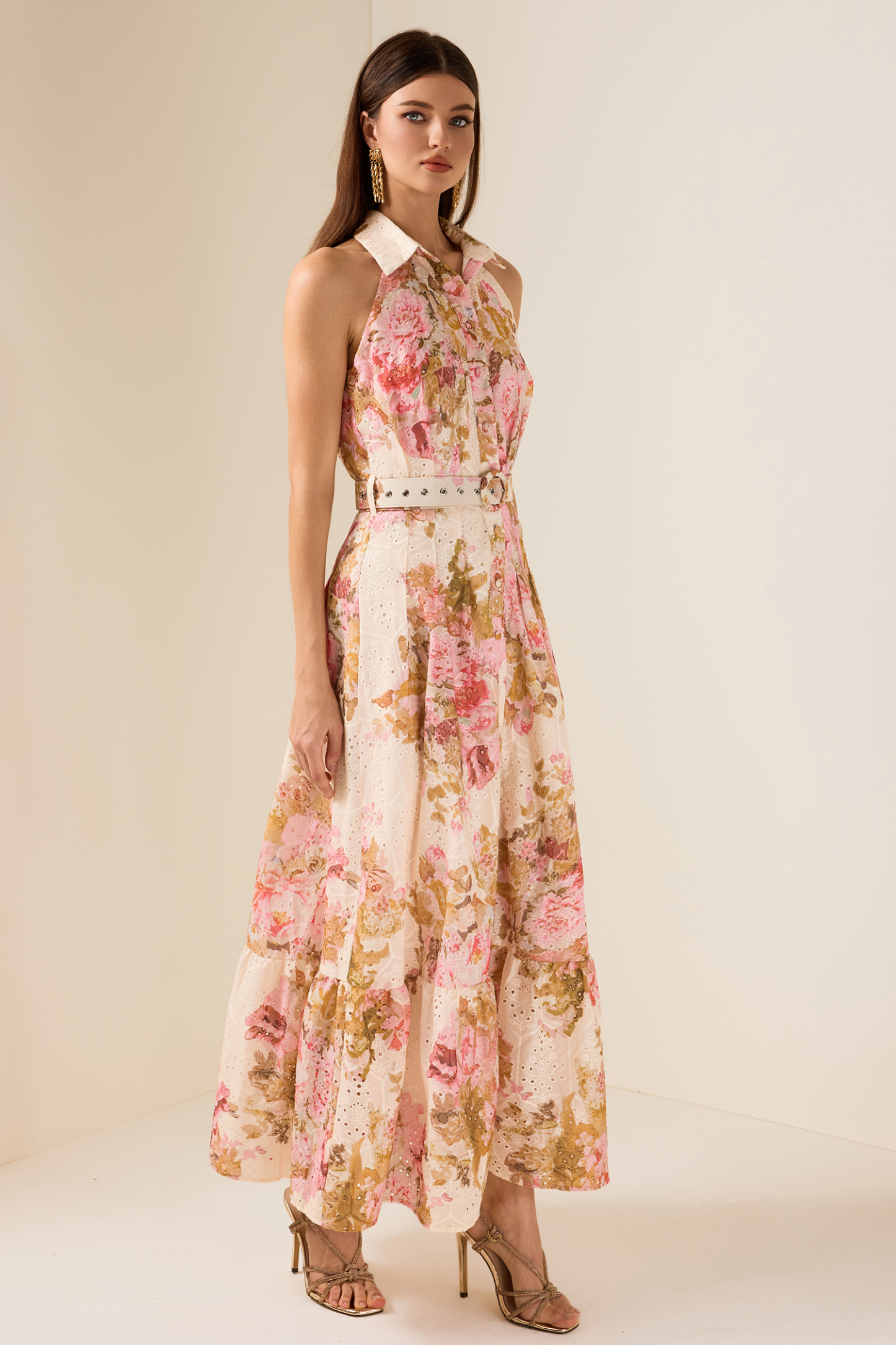 Embroidered Floral Maxi Dress With Belt