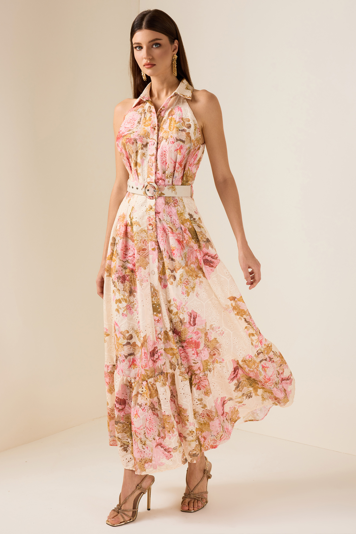 Embroidered Floral Maxi Dress With Belt