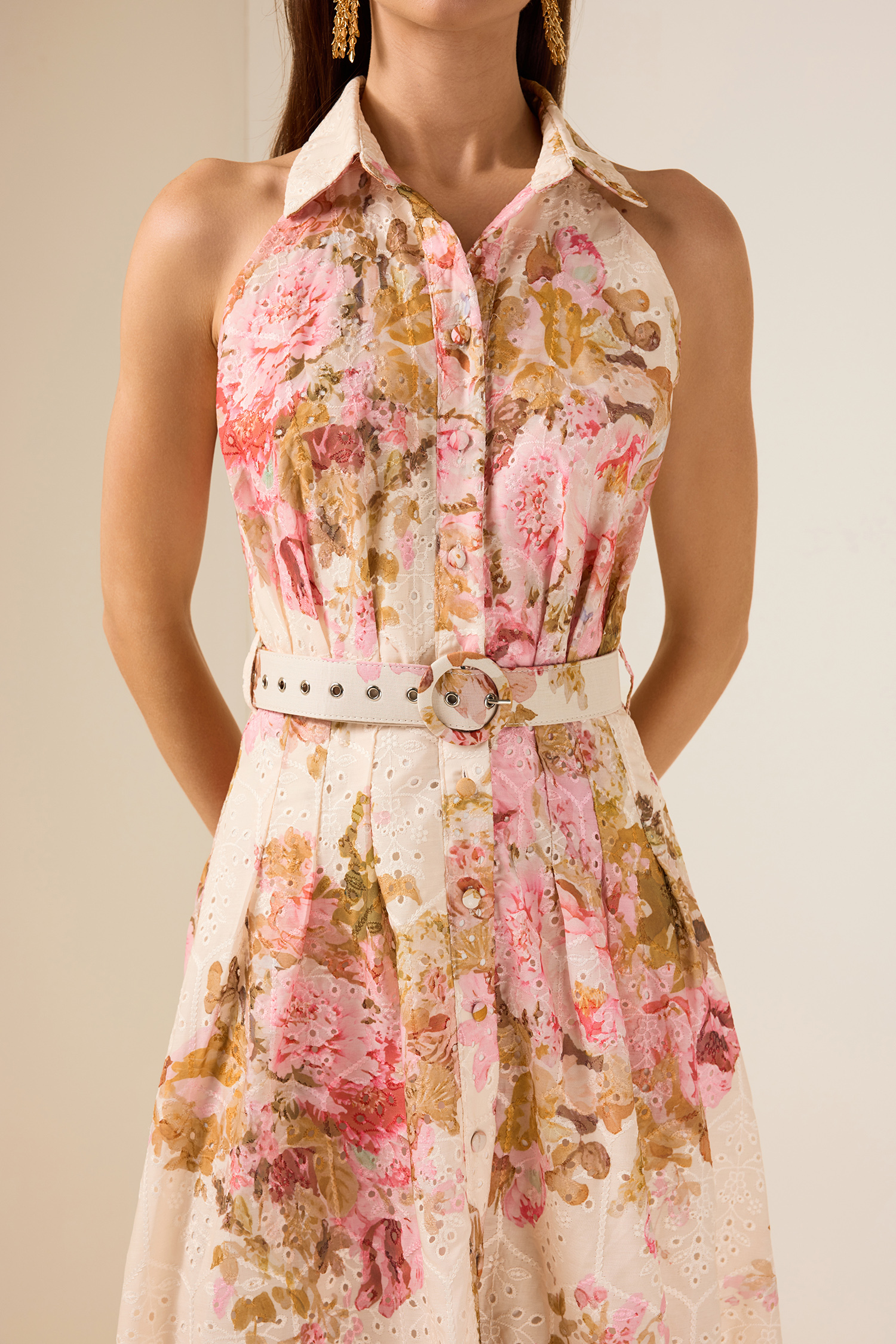 Embroidered Floral Maxi Dress With Belt