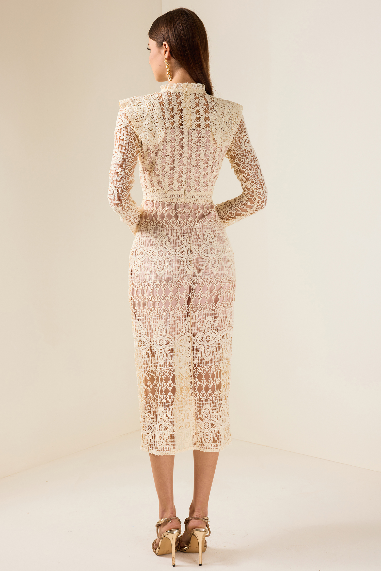 Lace Faux Pearl Button Long Sleeve Midi Dress